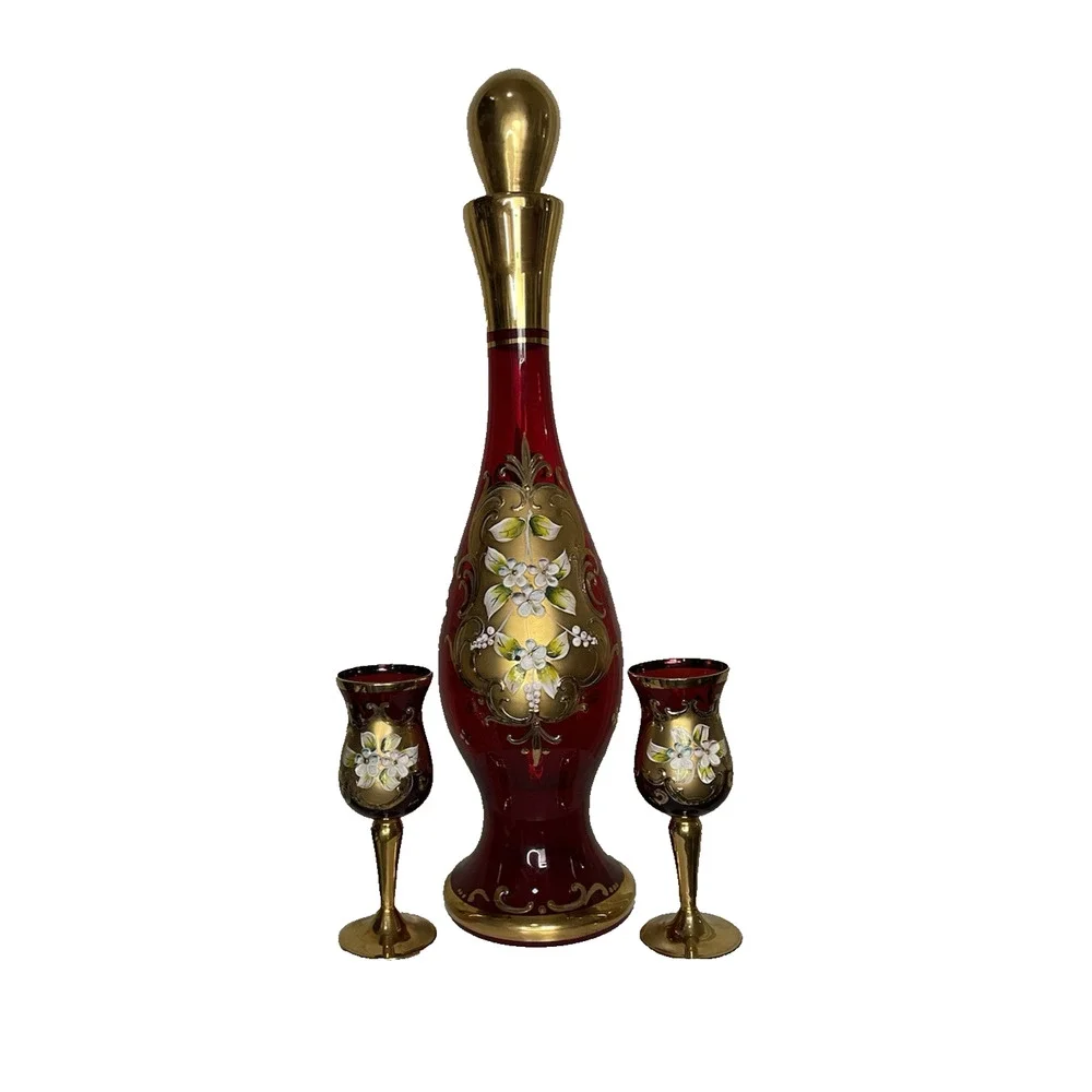 Vintage RED Tre Fuochi Murano Venetian Glass Aperitif Set gold Plated Italy